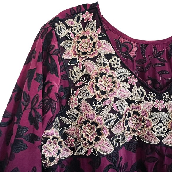 Vintage Kaftan Maxi Dress Sz M Magenta Embroidered Floral Boho Goth Whimsigoth - Picture 5 of 10